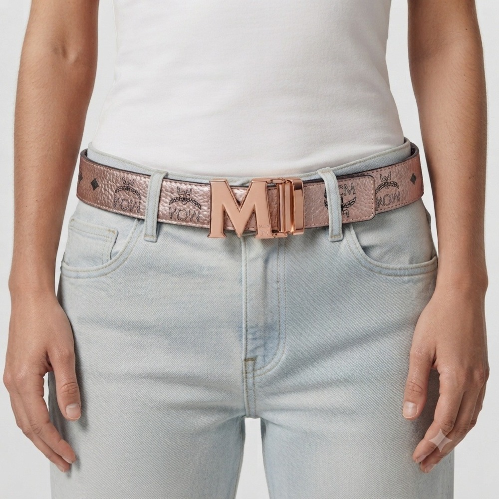 MCM Claus M Reversible Belt Rose Gold/Black Women One Size Leather Authentic